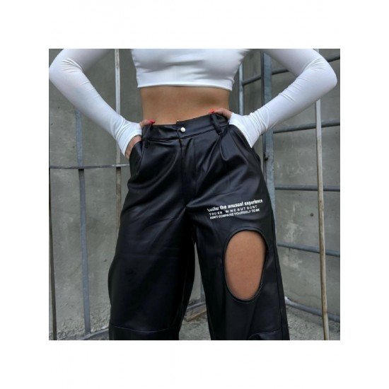 Black Hole Leather Loose Straight Leg Pants