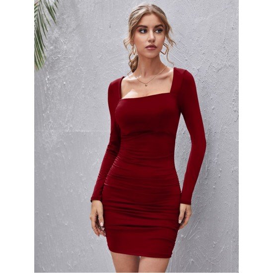 Fall Solid Square Neck Long Sleeve Bodycon Dress