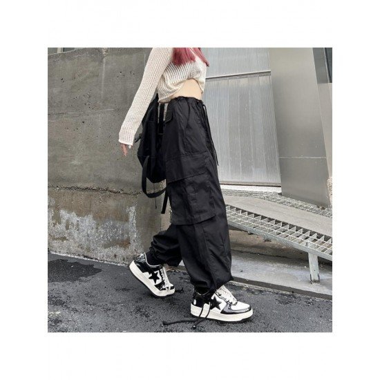 Hip Hop Solid Black Unisex Loose Cargo Trousers