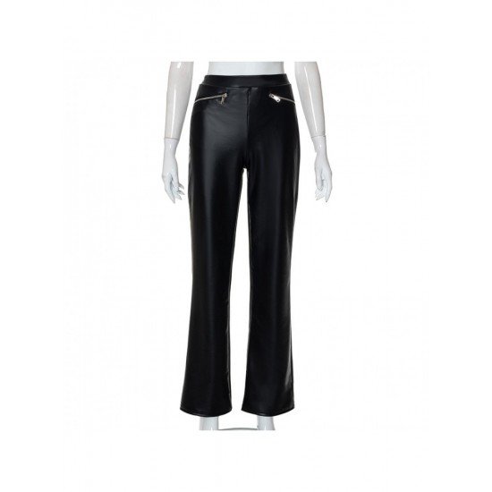  PU Pure Color High Waist Zipper Casual Pants