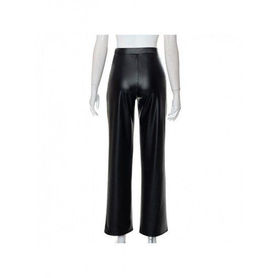  PU Pure Color High Waist Zipper Casual Pants