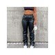  PU Pure Color High Waist Zipper Casual Pants