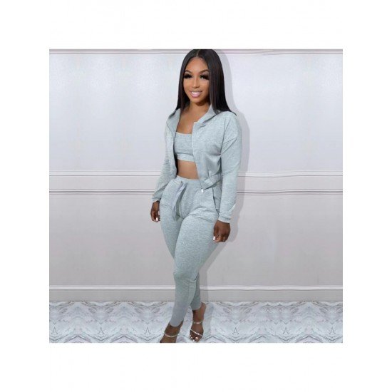  Pure Color Leisure Hooded Women's Three-piece Set