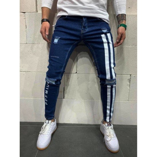 Blue Ripped Printed Skinny Jeans For Men