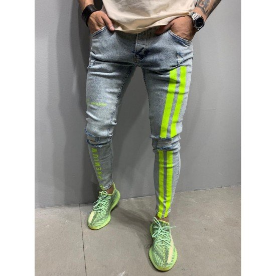 Blue Ripped Printed Skinny Jeans For Men