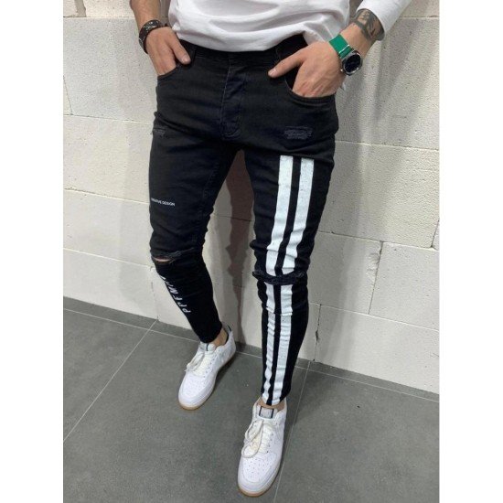 Blue Ripped Printed Skinny Jeans For Men