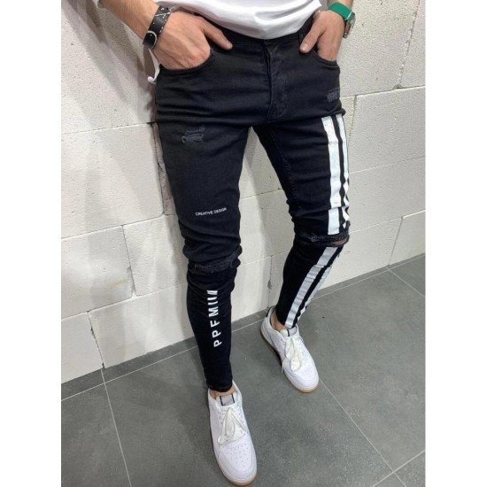 Blue Ripped Printed Skinny Jeans For Men