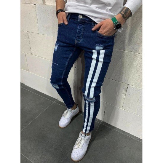 Blue Ripped Printed Skinny Jeans For Men