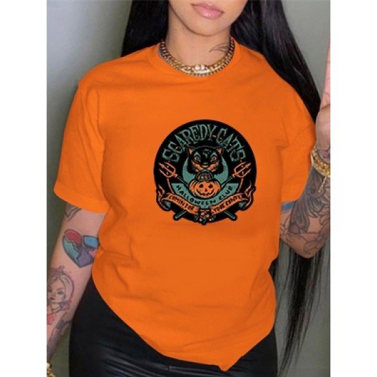 Cat Pumpkin Halloween Graphic T Shirts For Women