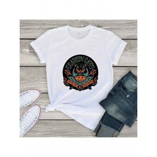 Cat Pumpkin Halloween Graphic T Shirts For Women