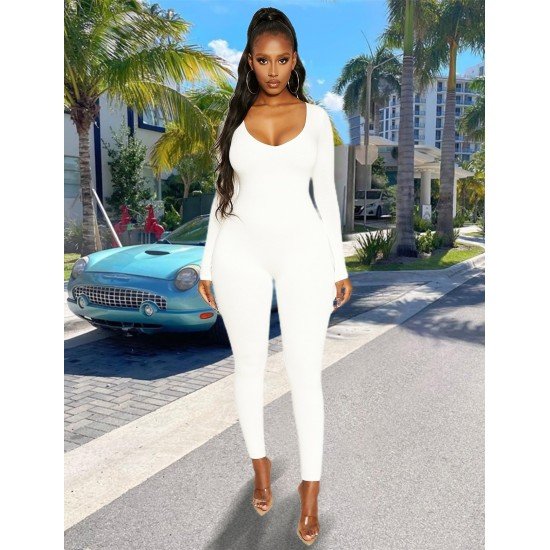  Pure Color U Neck Women's Skinny Jumpsuit