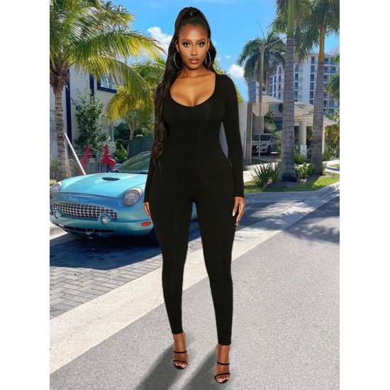  Pure Color U Neck Women's Skinny Jumpsuit