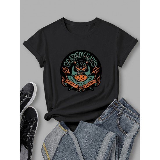 Cat Pumpkin Halloween Graphic T Shirts For Women