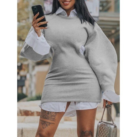  Leisure Pure Color Hollowed-out Women's Long Sleeve Dress