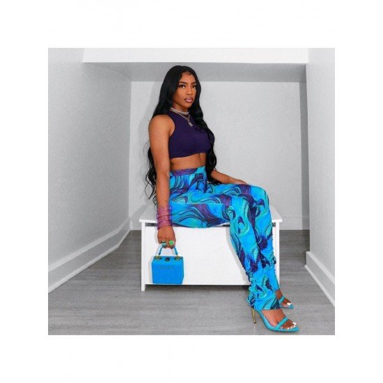  2022 Summer Blue Printing Long Pants For Women