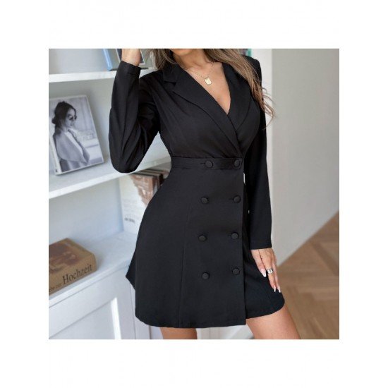  Pure Color Temperament Lapel Women's Long Sleeve Dress