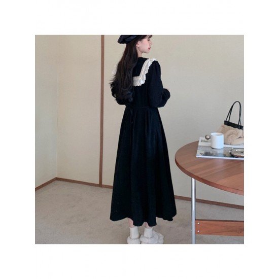  College Style Doll Collar Corduroy Long Sleeve Dress