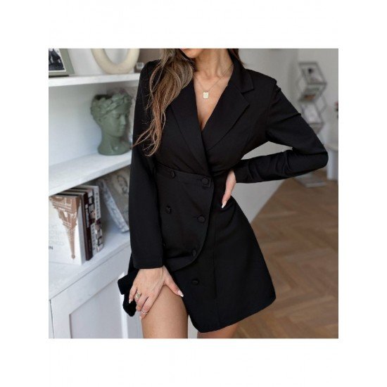  Pure Color Temperament Lapel Women's Long Sleeve Dress