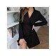  Pure Color Temperament Lapel Women's Long Sleeve Dress