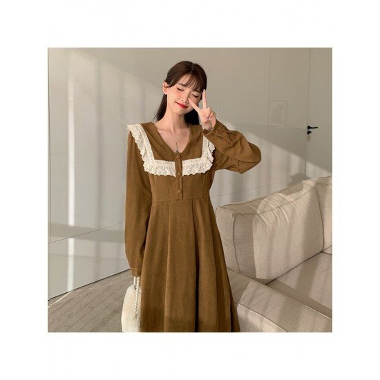  College Style Doll Collar Corduroy Long Sleeve Dress