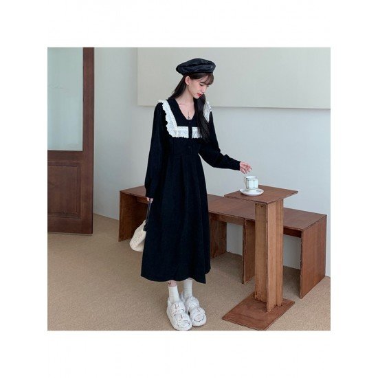  College Style Doll Collar Corduroy Long Sleeve Dress