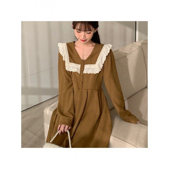  College Style Doll Collar Corduroy Long Sleeve Dress