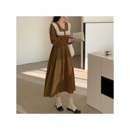  College Style Doll Collar Corduroy Long Sleeve Dress