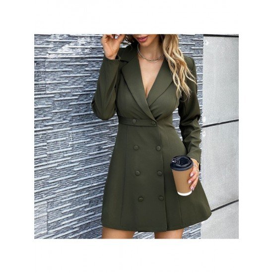  Pure Color Temperament Lapel Women's Long Sleeve Dress