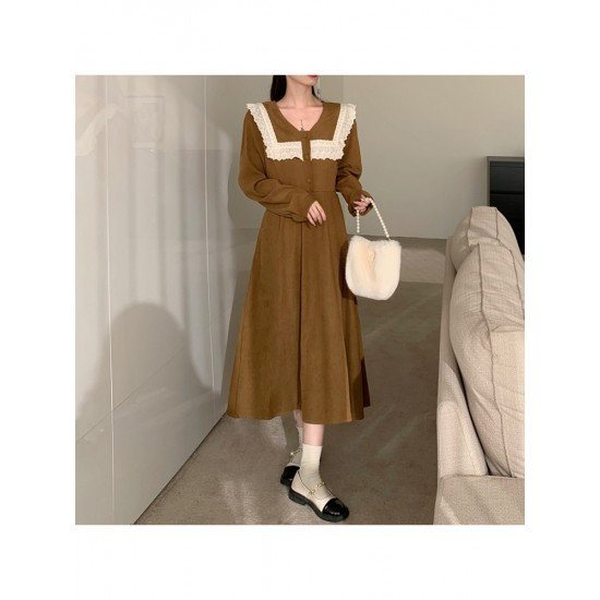  College Style Doll Collar Corduroy Long Sleeve Dress