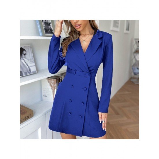  Pure Color Temperament Lapel Women's Long Sleeve Dress