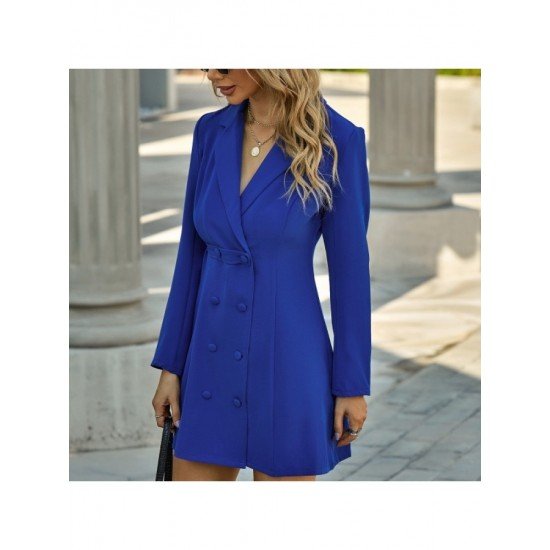  Pure Color Temperament Lapel Women's Long Sleeve Dress