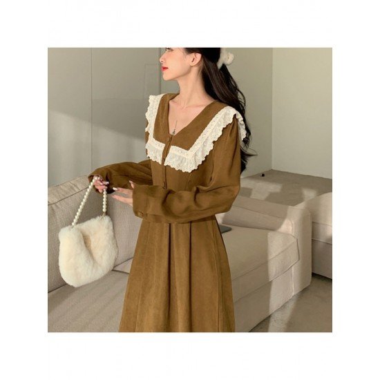  College Style Doll Collar Corduroy Long Sleeve Dress