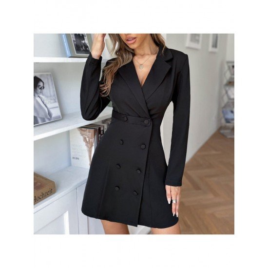  Pure Color Temperament Lapel Women's Long Sleeve Dress