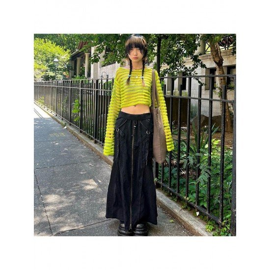 Street Zip Y2K Style Black Denim Maxi Skirts