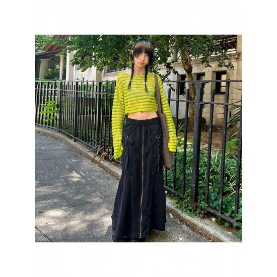 Street Zip Y2K Style Black Denim Maxi Skirts