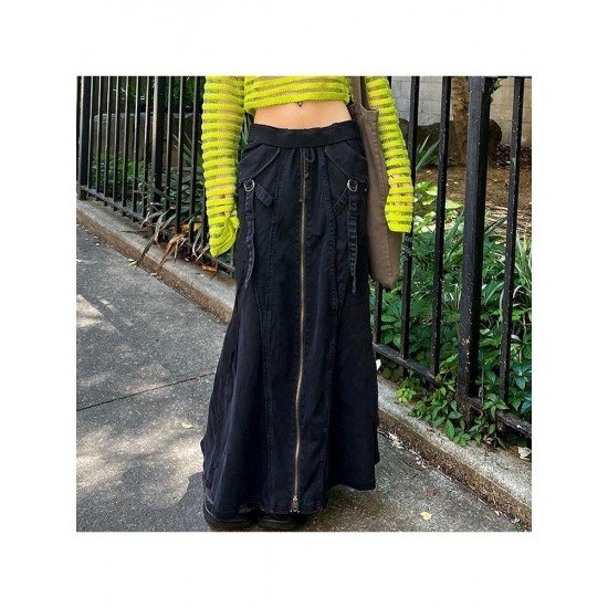 Street Zip Y2K Style Black Denim Maxi Skirts