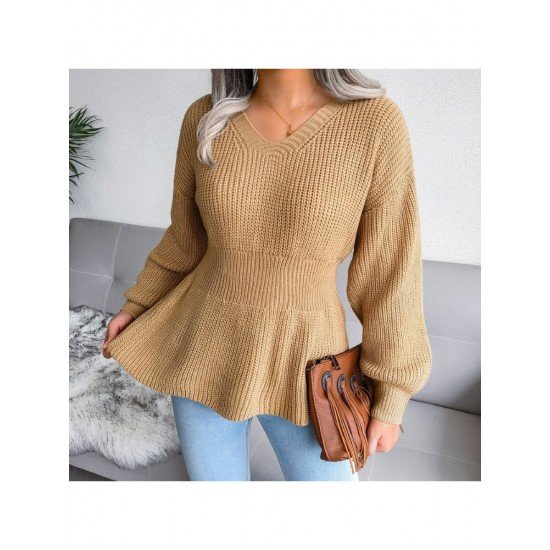  Pure Color V Neck Women's Knitted Sweater