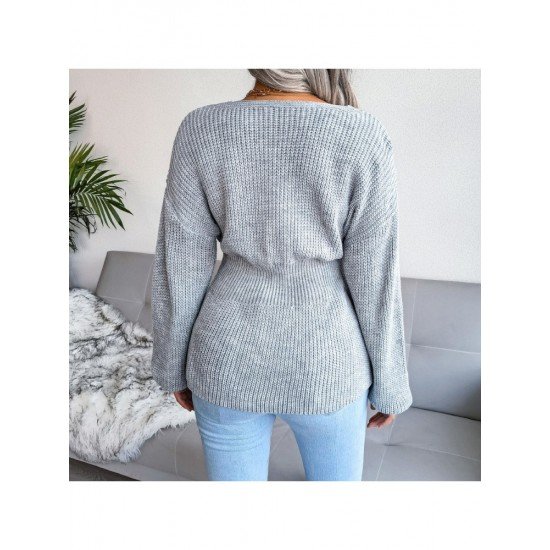  Pure Color V Neck Women's Knitted Sweater