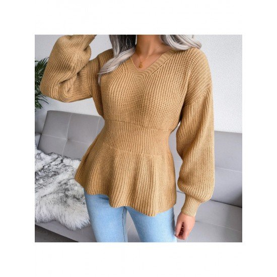  Pure Color V Neck Women's Knitted Sweater