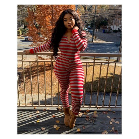 Striped Casual Long Sleeve Jumpsuits For Women