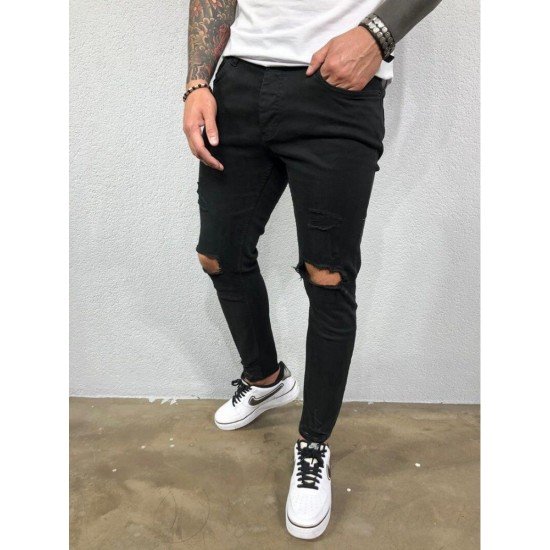  Fashion Pure Color Ripped Men's Denim Jeans