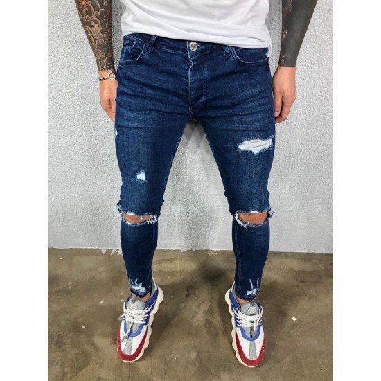  Fashion Pure Color Ripped Men's Denim Jeans