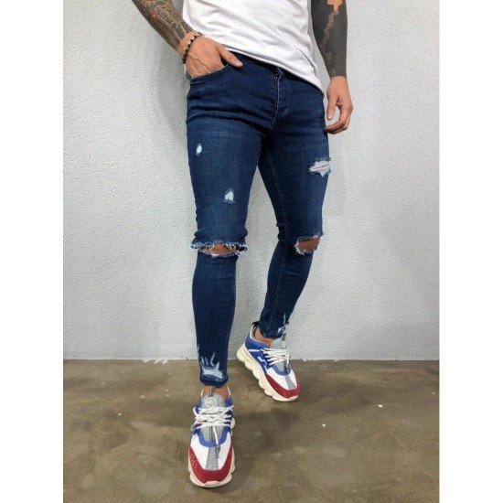  Fashion Pure Color Ripped Men's Denim Jeans