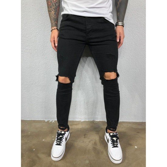  Fashion Pure Color Ripped Men's Denim Jeans