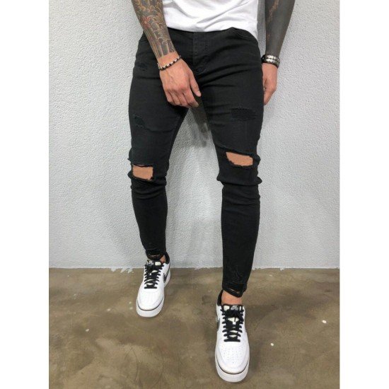  Fashion Pure Color Ripped Men's Denim Jeans