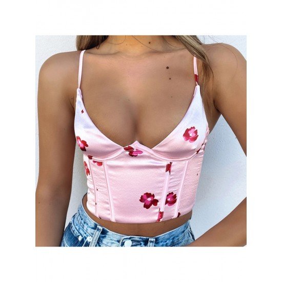  Sexy Deep V Flower Printed Crop Camisoles