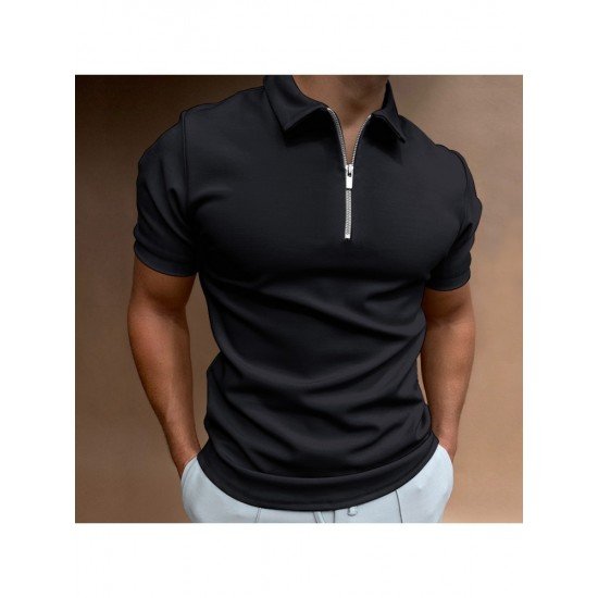  Men's Solid Color Zipper Short Sleeve Polo Shirt