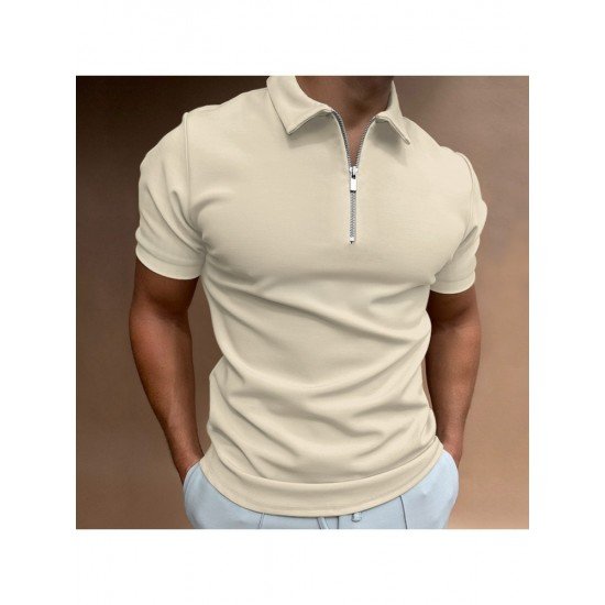  Men's Solid Color Zipper Short Sleeve Polo Shirt