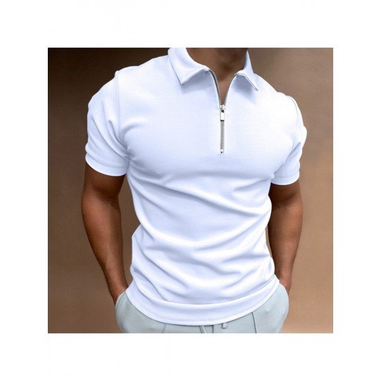  Men's Solid Color Zipper Short Sleeve Polo Shirt