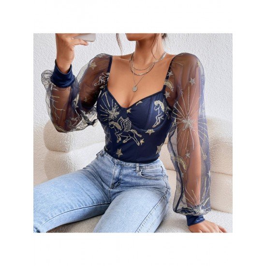 Stylish Embroidery Lantern Sleeve Ladies Tops